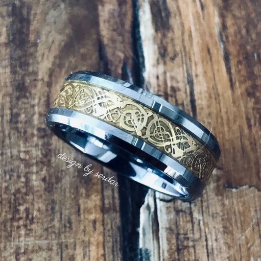 Men’s Celtic Inspired Tungsten Wedding Band, 8 mm, sz 10.5