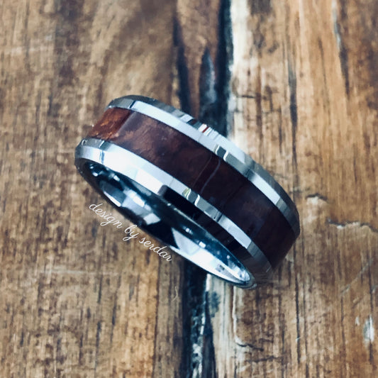 Men’s Tungsten Carbide Ring, Wood Inlay, 8 mm, sz 10